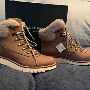 Cole Haan Women's Tan Lace Up Boots with Shearling